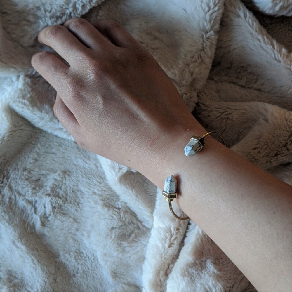 Gold Cuff Bracelet with White Marble Stone Accents